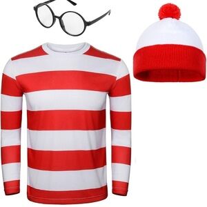 Red and White Striped Shirt with Hat and Glasses (021)